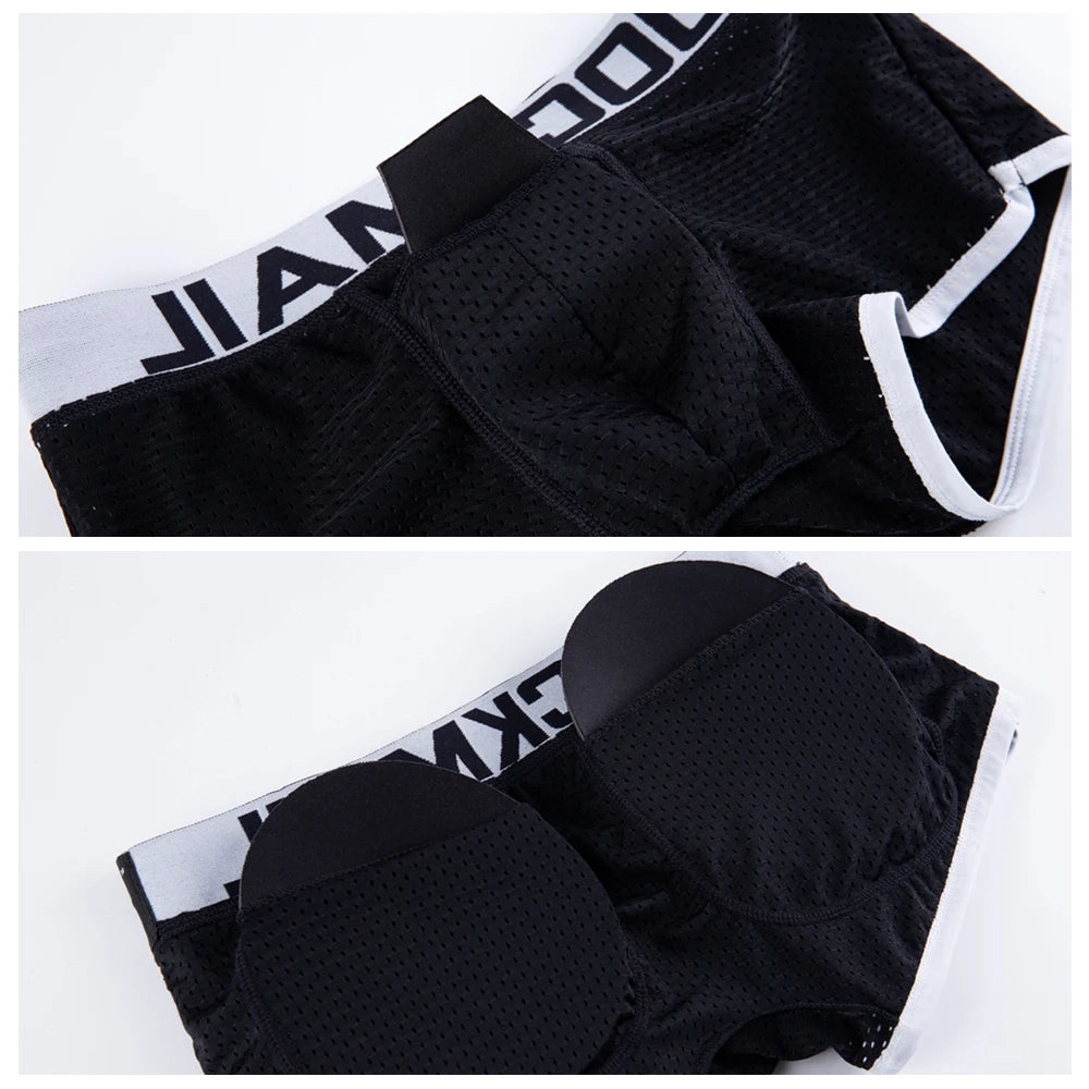JOCKMAIL Sexy Men underwear Boxers Men's Padded Enhancing Removable front and bottom Breathable Mesh Gay Underwear Spring summer