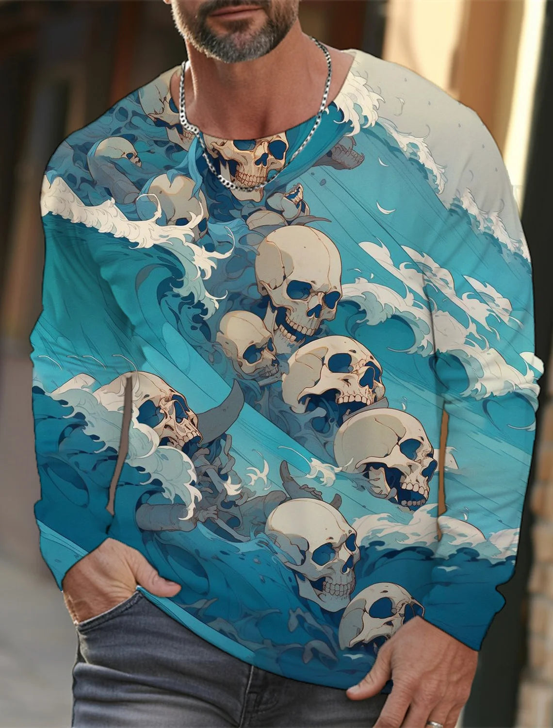 2024 new men's Ukiyoe long-sleeved T-shirt 3D printing high-definition wave cat printing men's autumn casual round neck top