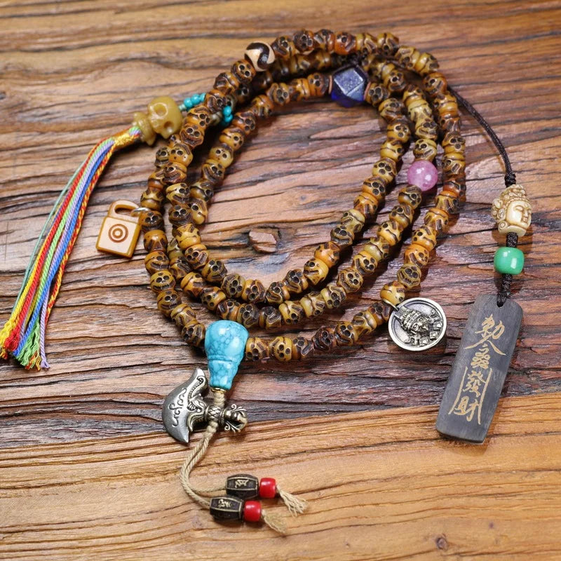 Yak A-Dai smiling face 108-bead Buddhist prayer beads DIY turquoise cow bone and iron accessories