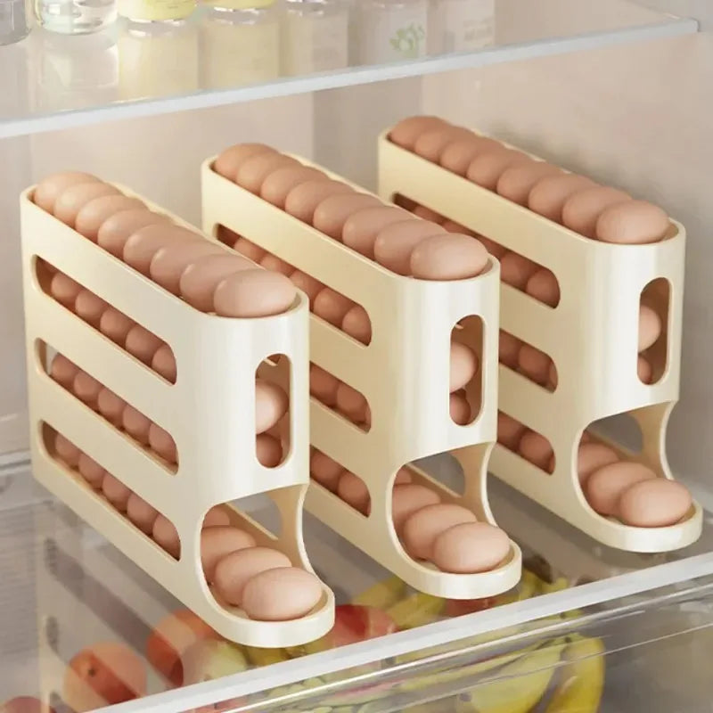 4 Layers Automatic Egg Holder Rack - Kitchen Fridge Egg Storage Organizer Dispenser Plastic Refrigerator Container