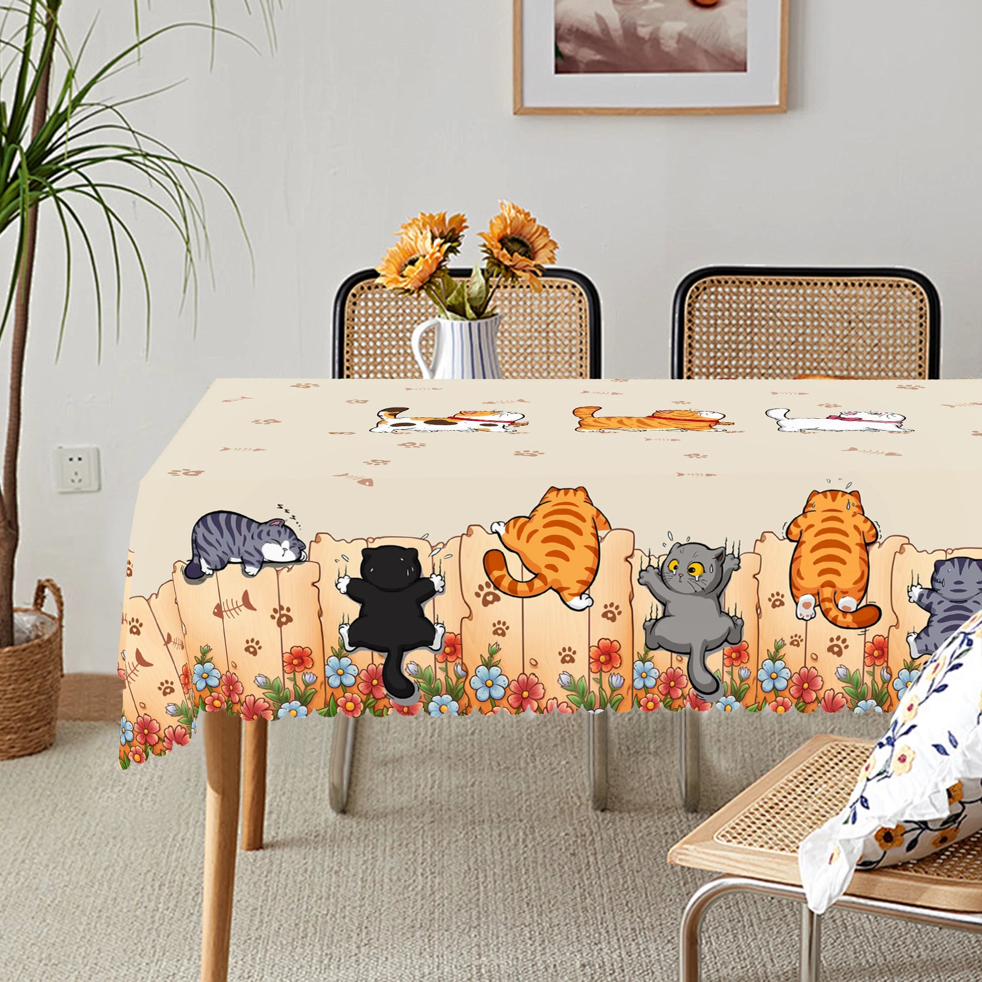 1 Piece of Cute Cat Round Tablecloth, 5 Sizes Available, Cute Cartoon Cat Pattern Printed Desk Tablecloth, Edge Embossing Process, Courtyard Bedroom Decoration, Tablecloth for Daily Home Kitchen, Terrace Use, Spring Decoratio