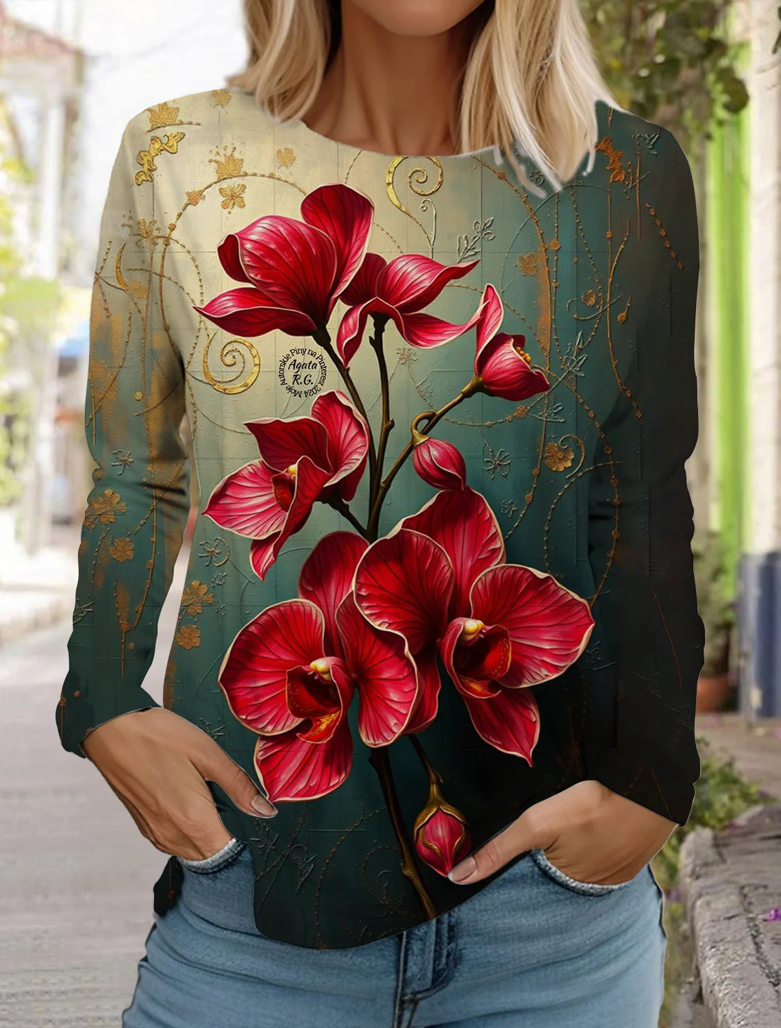 2024 women's fashion retro tops long sleeve round neck pullover casual long sleeve t-shirt new 3d printed lotus print t-shirt