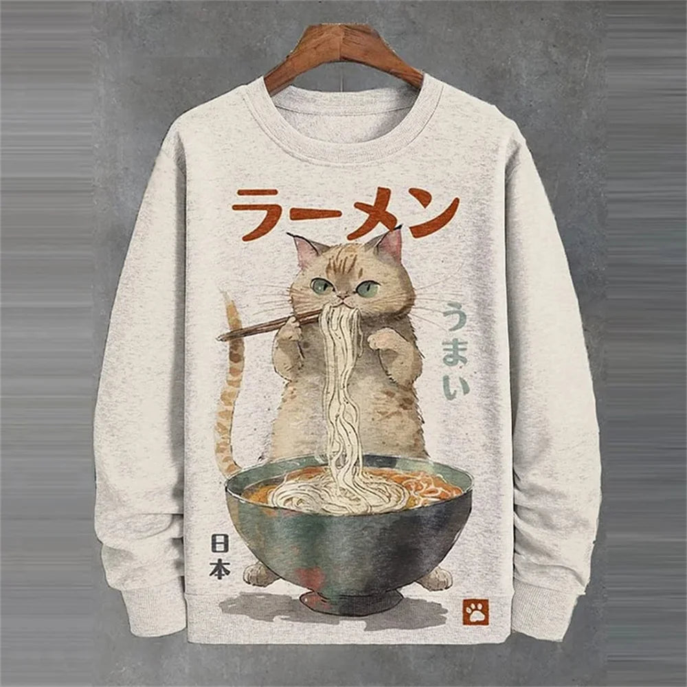 Japanese Ukiyo-e Hoodied Men's Sweatshirts Pullover Sea Wave Ramen Graphic Print Long Sleeves Hoodies Oversized Men Clothing Top