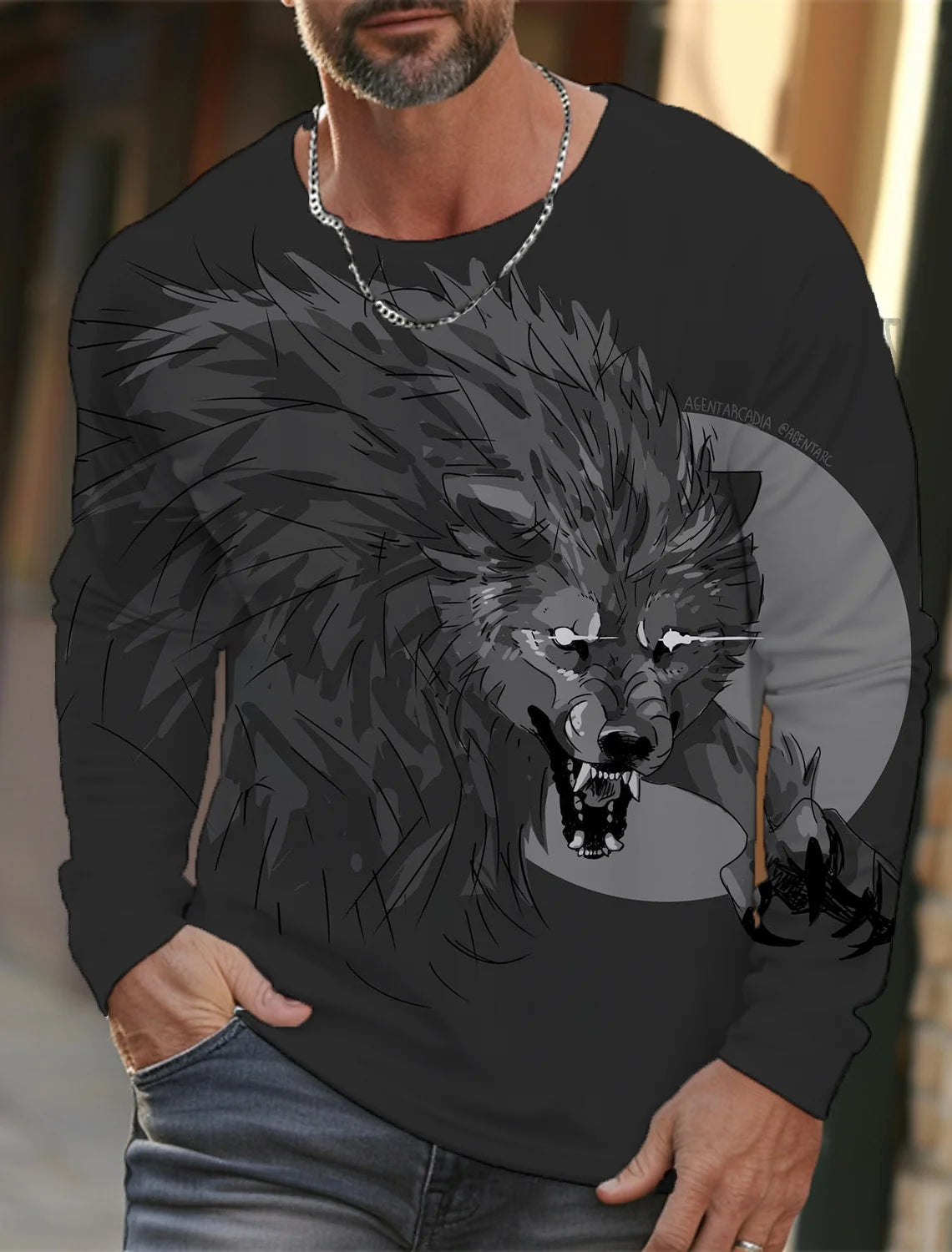 2024 new men's long-sleeved t-shirt 3d printed high-definition wolf animal print men's autumn tops casual round neck t-shirt