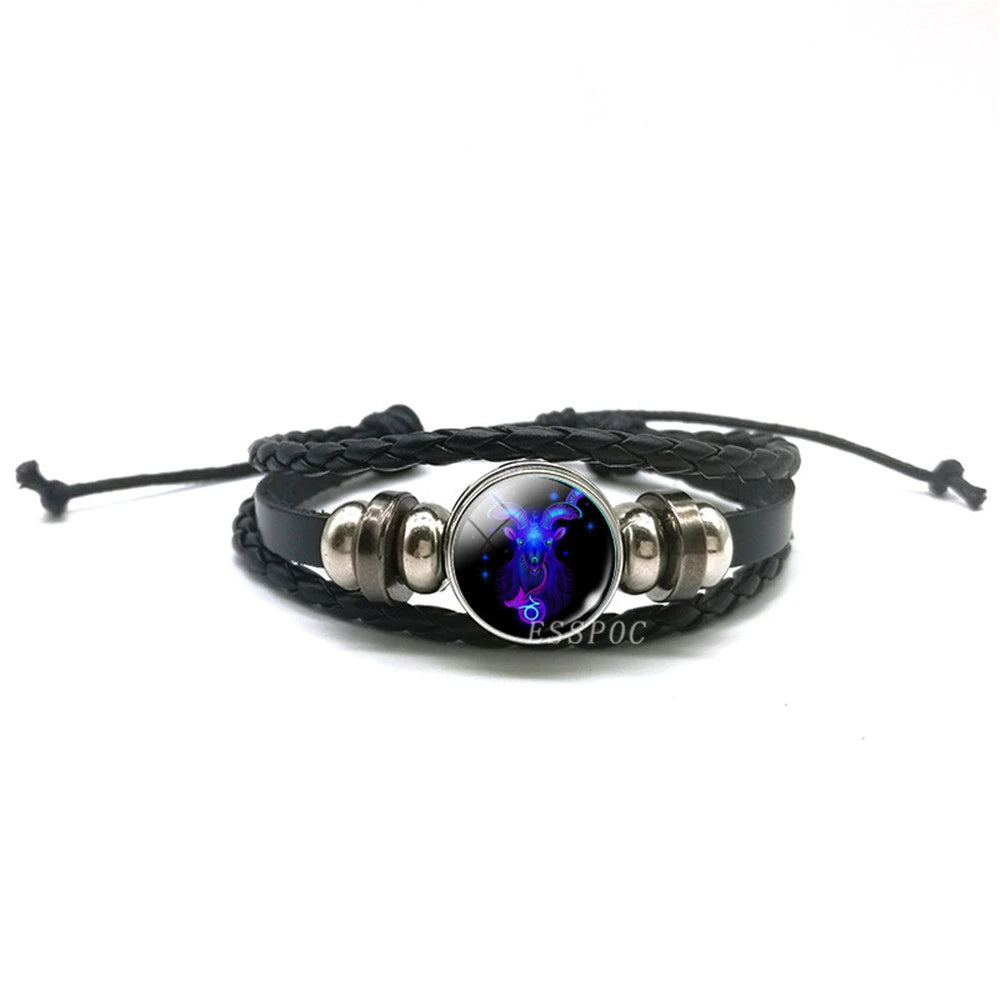 New Men 12 Constellation Black Braided Leather Bracelet Punk Style Zodiac Sign Multilayer Weave Wrap Bracelet For Birthday Gifts