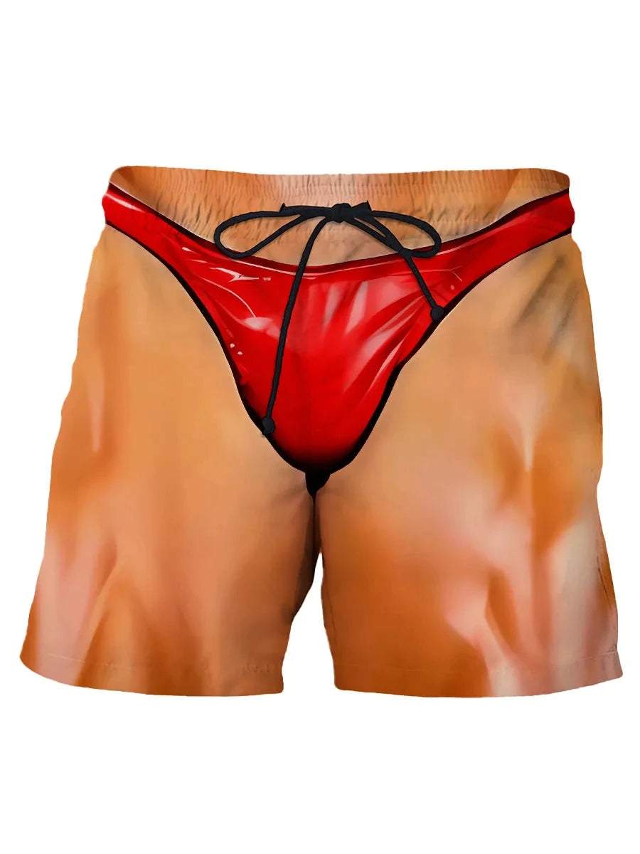 Summer New Men's Board Shorts Swimming Pants Drawstring Funny Shorts Fake Shorts Underwear Printed Micro Elastic Shorts