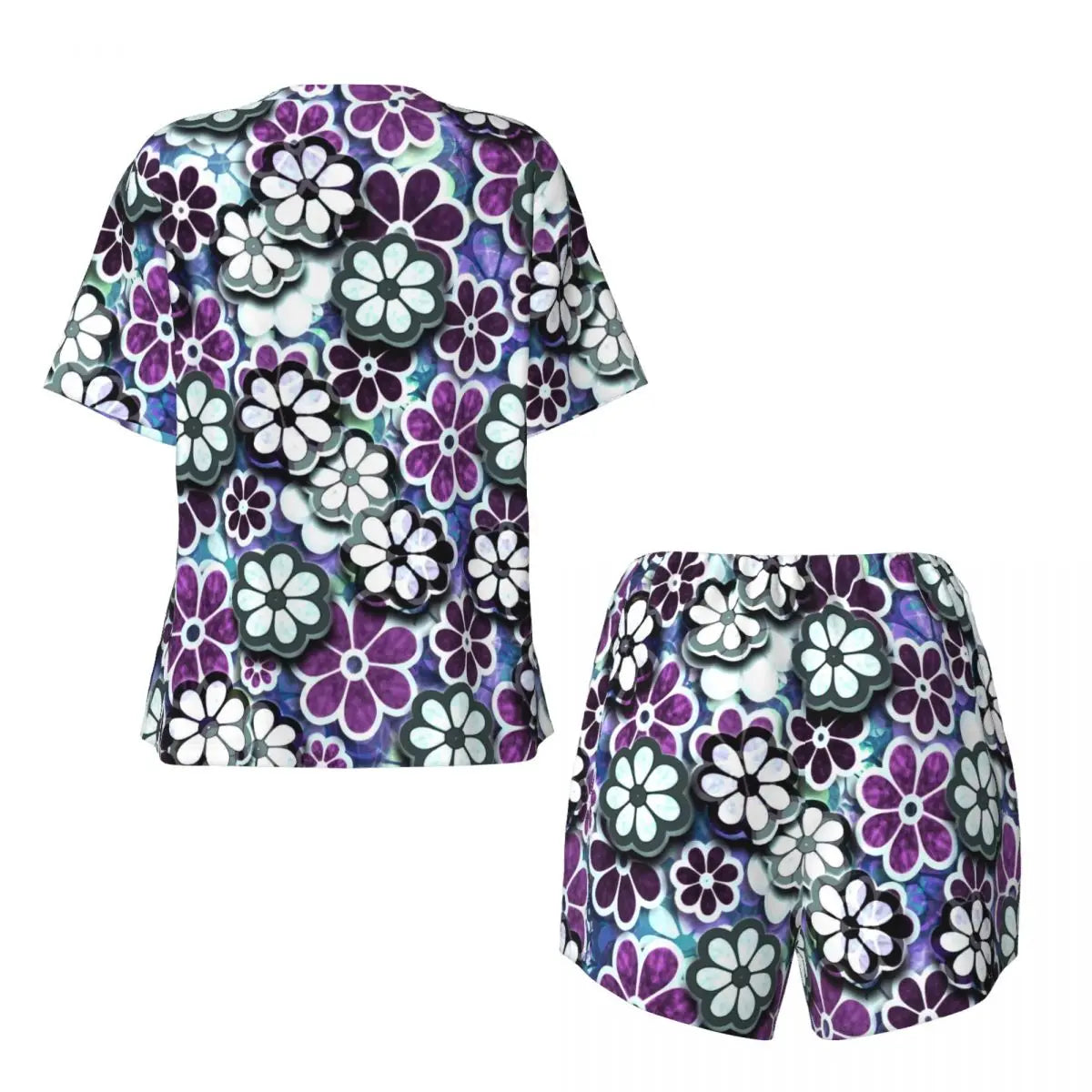 Flower Power Pajamas Spring 2 Pieces Purple Hippie Cute Pajama Sets Lady Short Sleeve O Neck Casual Custom Nightwear