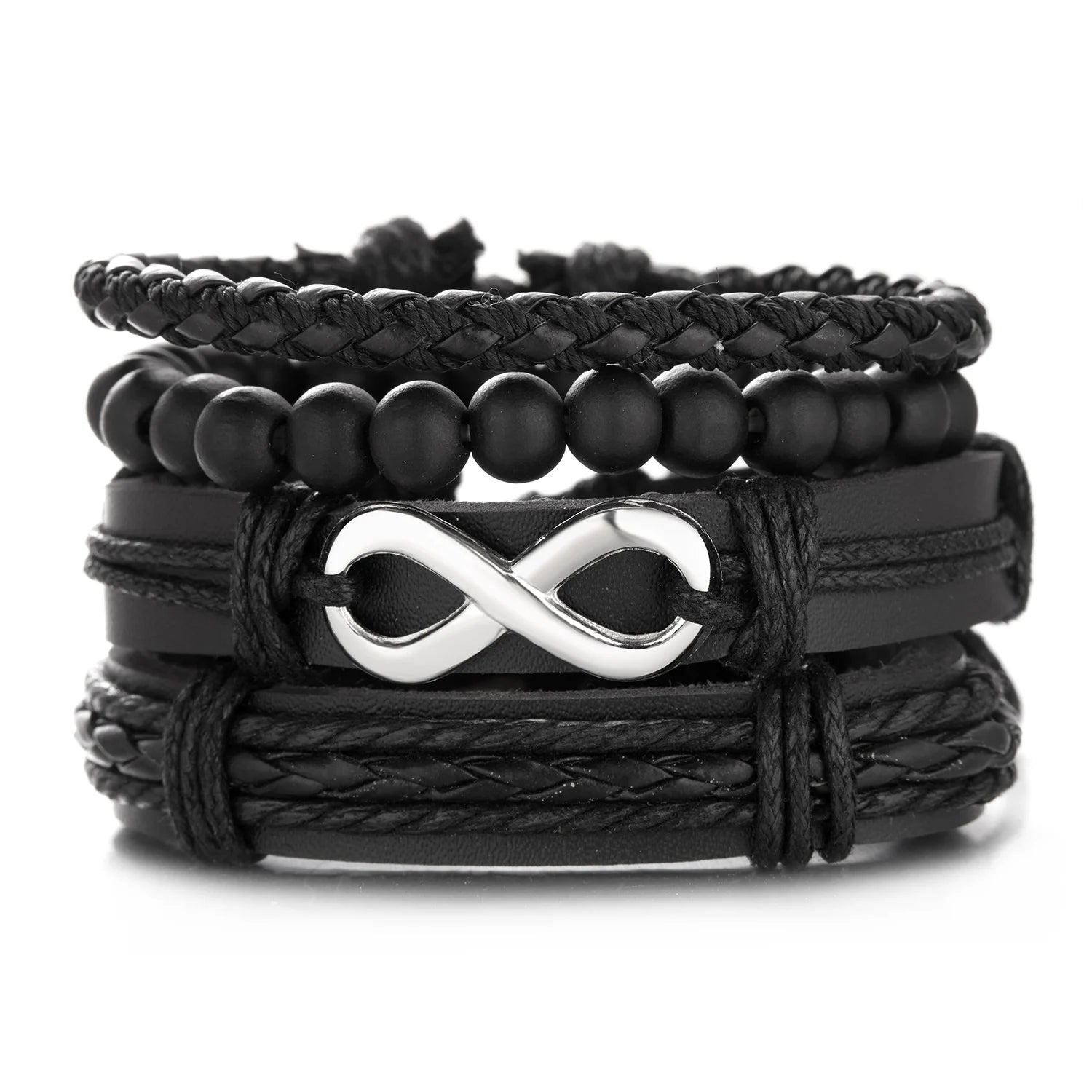 4Pcs/Set Braided Wrap Leather Bracelet for Men Women Vintage Yin Yang Infinity Wood Beads Charm Bracelets Male Wristband Jewelry