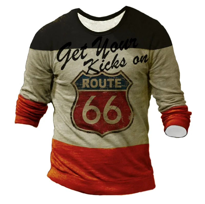 2024 Men's T-shirts Long Sleeve 3d Print Top Casual Cotton Vintage T Shirt Vintage Route 66 Tee Loose Sports O-neck Clothing 5xl