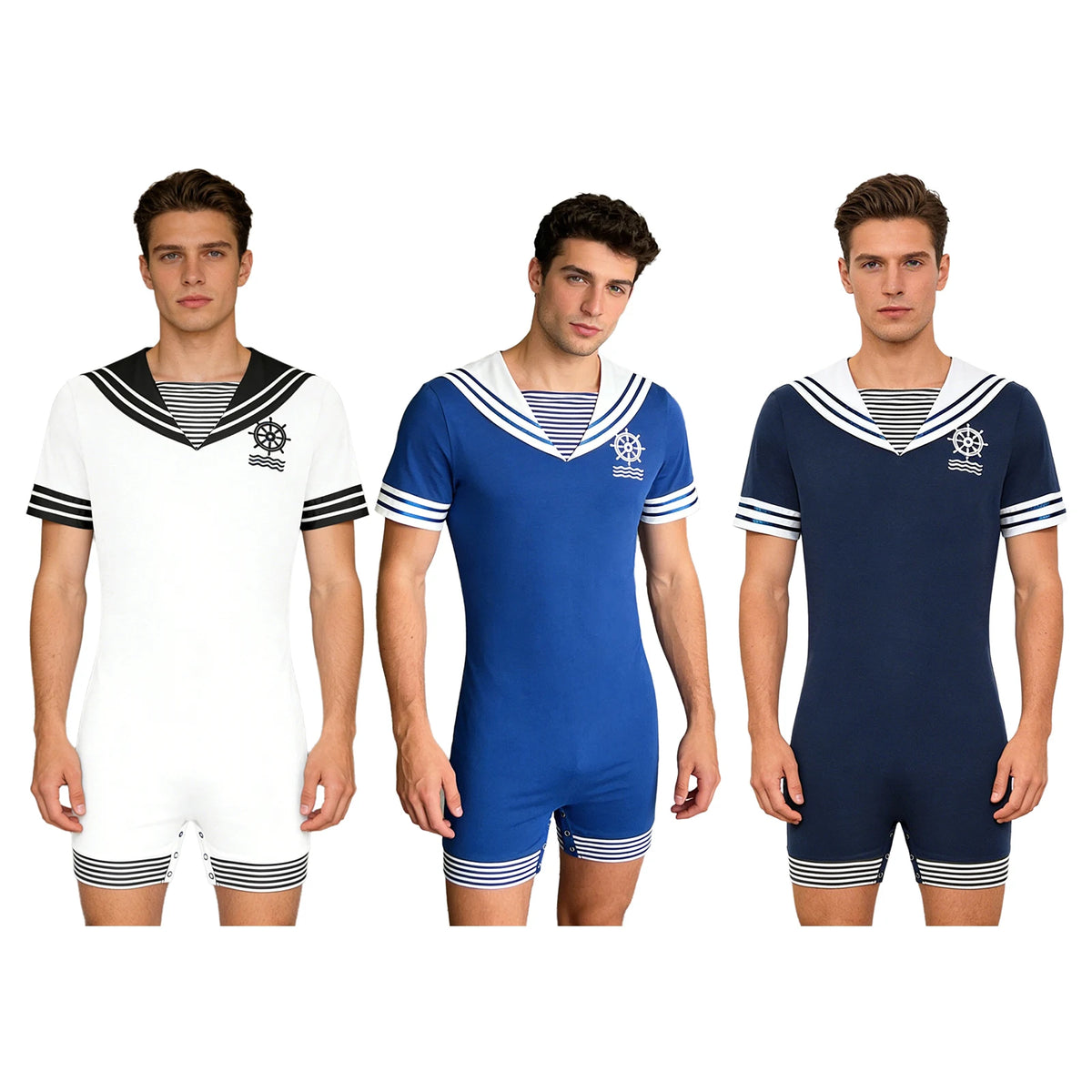 Men Sailor Style Pajamas Bodysuit Navy Collar Short Sleeve Button Crotch Romper Homewear Sleepwear Theme Party Cosplay Costume