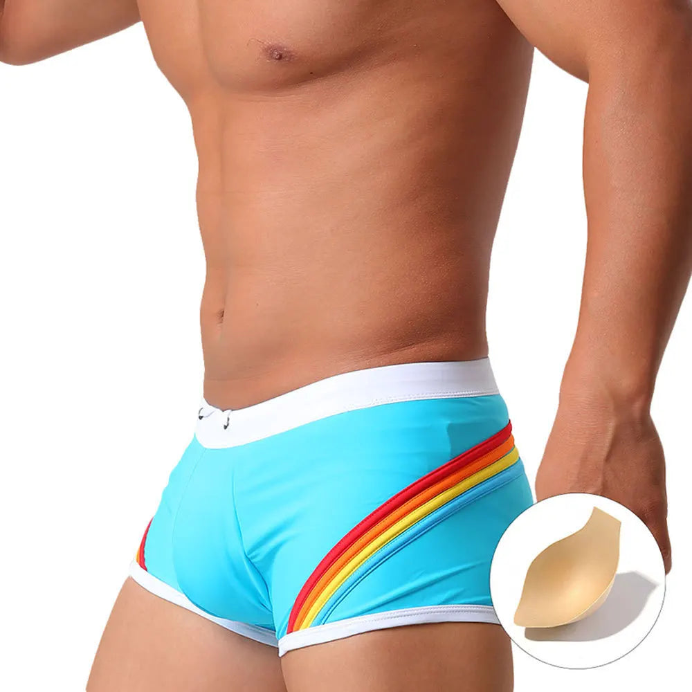 Summer Rainbow Striped Swim Trunks for Men High Quality Quick Drying Sports Swimming Briefs Boxer Bathing Swimsuit Beach Shorts