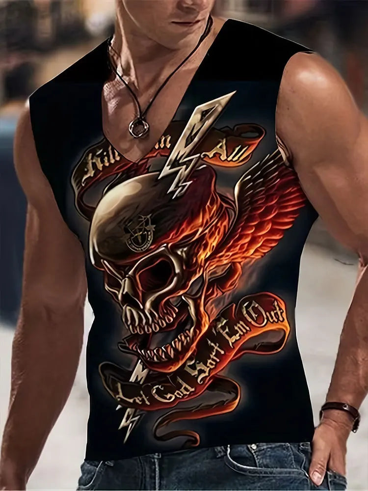 2024 New Summer Everyday Street Men's Tank Top Outdoor Beach Casual Men's Sleeveless T-shirt Eagle Print Men's V-neck Tank Top