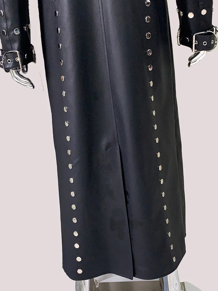 Men’s Luxury Black PU Leather Trench Coat – Rivet Punk Designer Jacket | Longline Streetwear Overcoat (Spring/Fall)