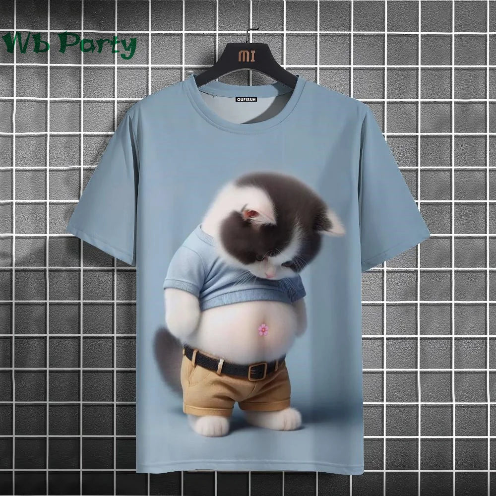 Cat Print T-shirts for Men Casual Short Sleeved Tee Oversized Mens Clothing Men's Funny T-shirt Animal Print Graphic T shirts