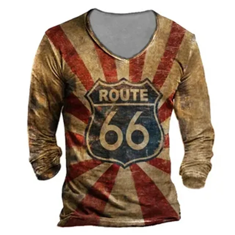 2024 Men's T-shirts Long Sleeve 3d Print Top Casual Cotton Vintage T Shirt Vintage Route 66 Tee Loose Sports O-neck Clothing 5xl