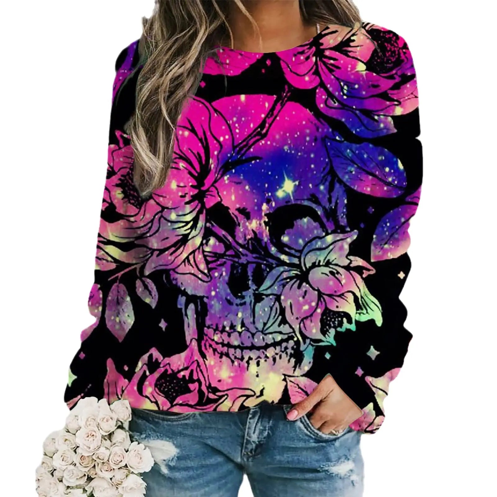 2024 New Women Halloween Crow Printed Casual Sweatshirt Round Neck Casual Basic Loose Fashion Women Designer Style