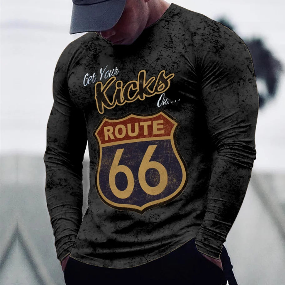 2024 Men's T-shirts Long Sleeve 3d Print Top Casual Cotton Vintage T Shirt Vintage Route 66 Tee Loose Sports O-neck Clothing 5xl