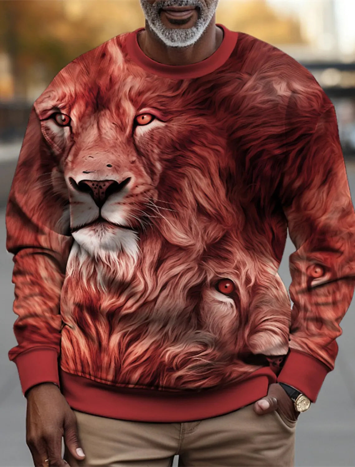 Men's Personalized Fierce Lion Animal Print Casual Sweatshirt Fashion Round Neck Pullover Sweatshirt Polyester Fabric Loose Fit