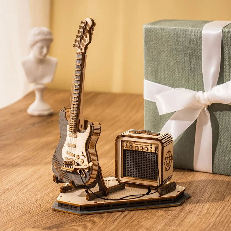 Robotime ROKR Electric Guitar 3D Wooden Puzzle for Kids Adults Assembly Creative Toys Building Block Set for Christmas Gifts