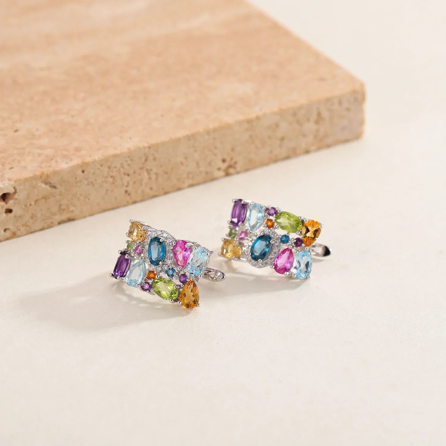 GEM'S BALLET 925 Sterling Silver Handmade Jewelry Multicolor Birthstone Earrings Natual Citrine Amethyst Topaz Clip Earrings
