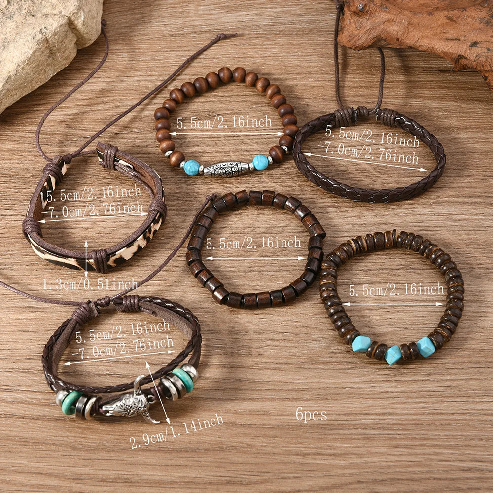 Bohemia Ethnic Leather Men’s Bracelets Vintage Bull Head Multi Layer Cowhide Wooden Beaded Leather Bracelets Gifts
