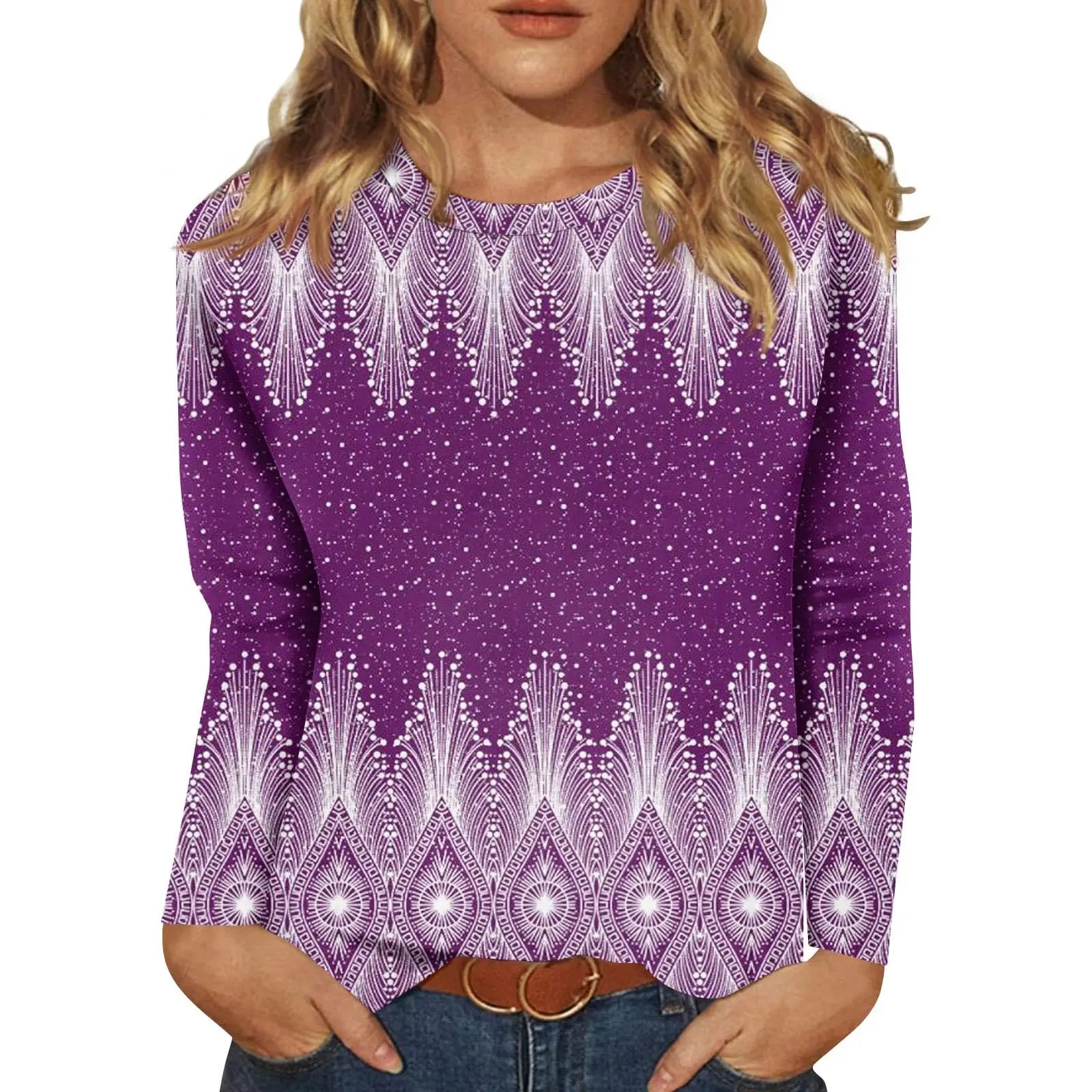 2025 New Women's Flower Fashion Print Long Sleeve T-shirt Sports Leisure Cute Polyester Ultra-thin Round Neck Long Sleeve