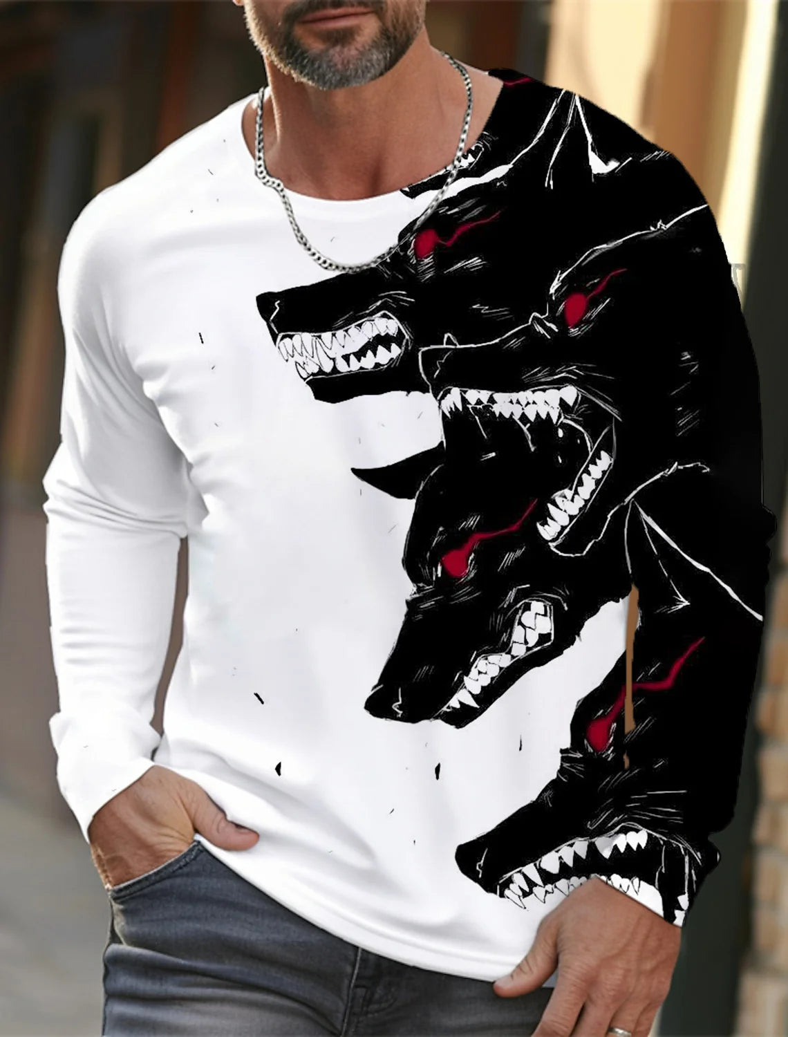 2024 new men's long-sleeved t-shirt 3d printed high-definition wolf animal print men's autumn tops casual round neck t-shirt