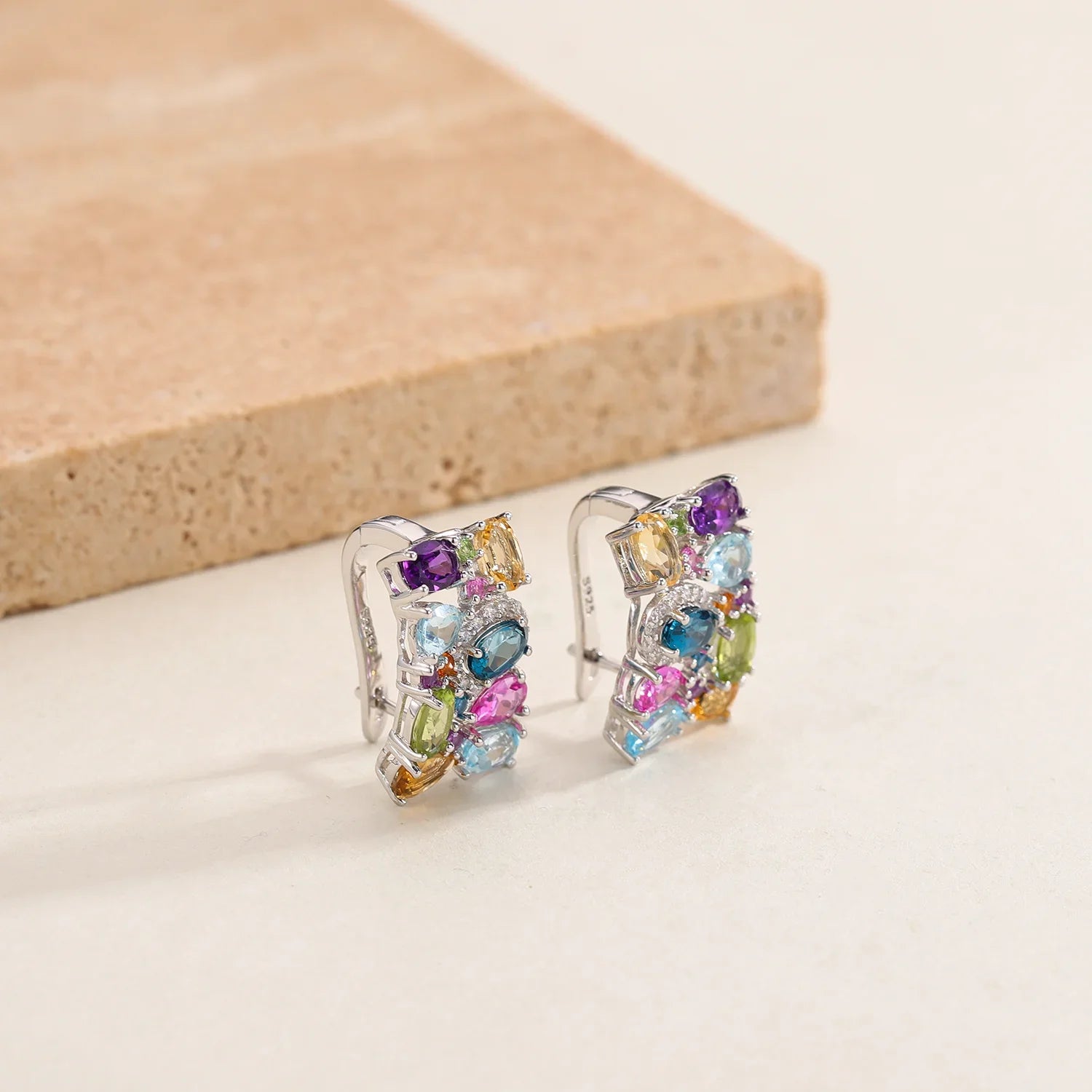 GEM'S BALLET 925 Sterling Silver Handmade Jewelry Multicolor Birthstone Earrings Natual Citrine Amethyst Topaz Clip Earrings