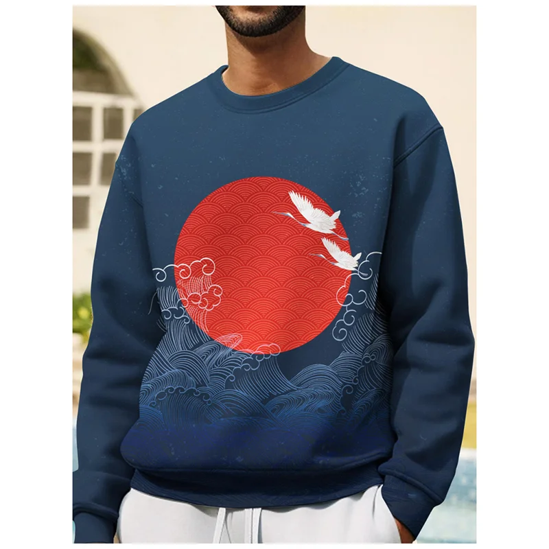 3D Print Japanese Ukiyoe Wave Hoodie For Men Devil Fish Jellyfish Graphic Sweatshirt Casual O-Neck Pullover Hoodies Long Sleeves