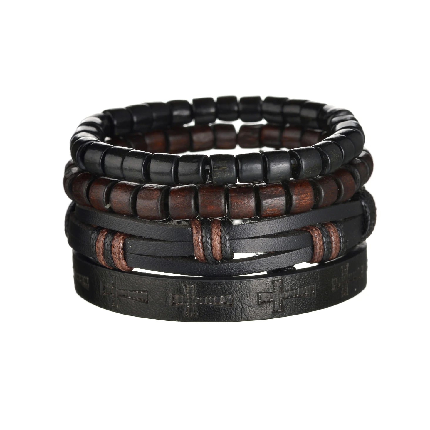 New Trendy Retro 4pcs/Set Bracelets & Bangles Men's Multilayer Black Leather Jewelry Charm Pulseiras Boyfriend Wristband