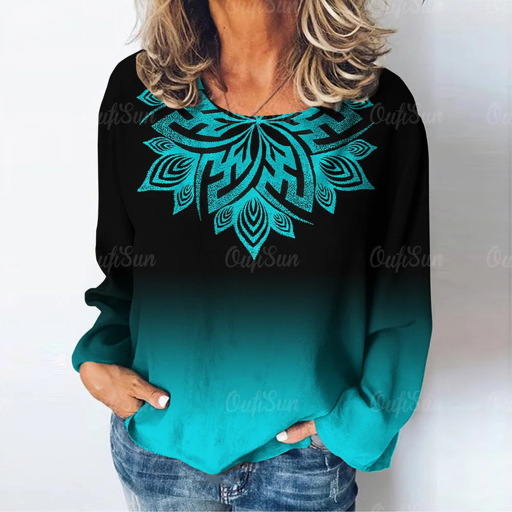 Women's Retro Geometric Pattern Long Sleeve T-Shirt Ladies Top Loose Casual Pullover Gradient Ladies Round Neck Long Sleeve