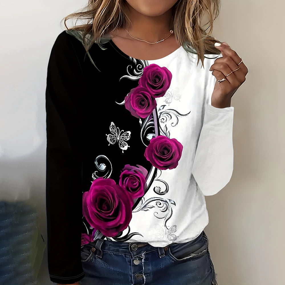 Women's Casual O-neck T-shirt Black and White Rose Print Long Sleeve T-shirt Loose Clothes Ladies Home Clothes Fashion Print