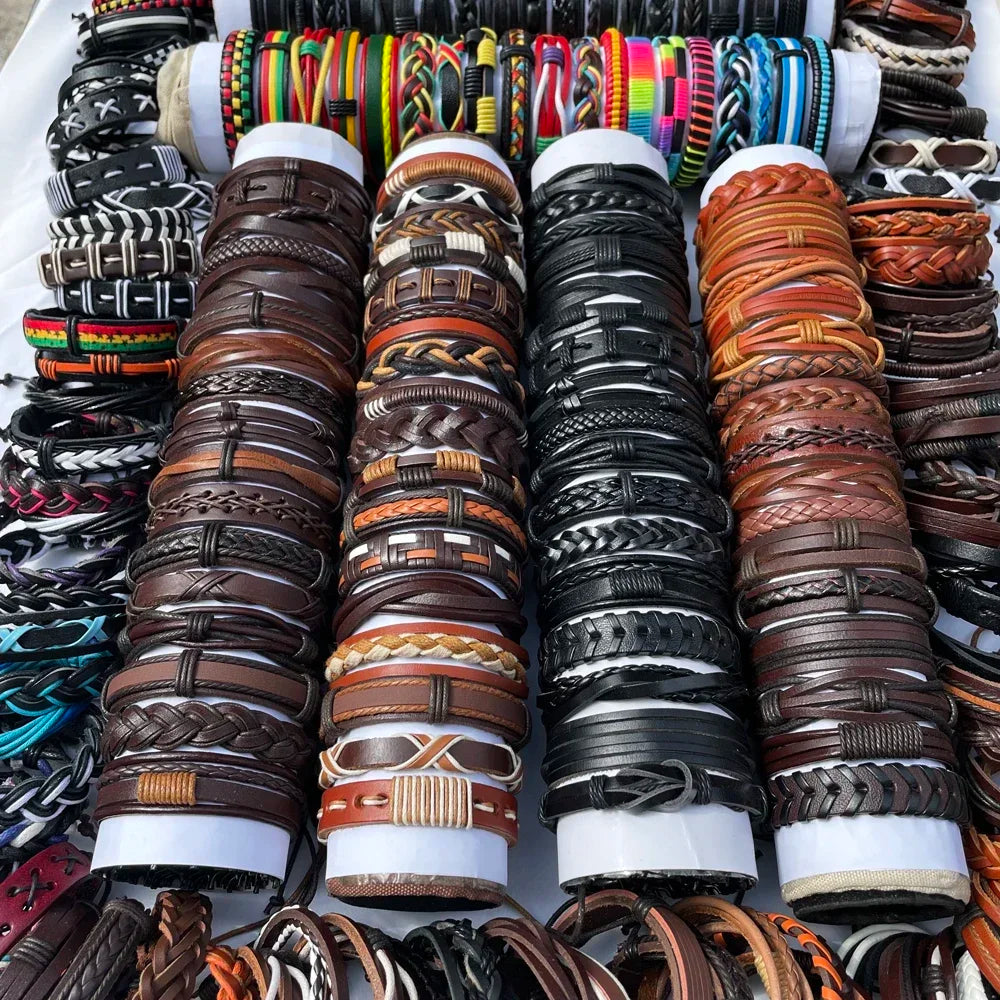 25 Pcs/set Black Wrap Woven New Fashion Handmade Men Bracelets Male Women Leather Bracelets Men Bangle Wholesale Jewelry Gift