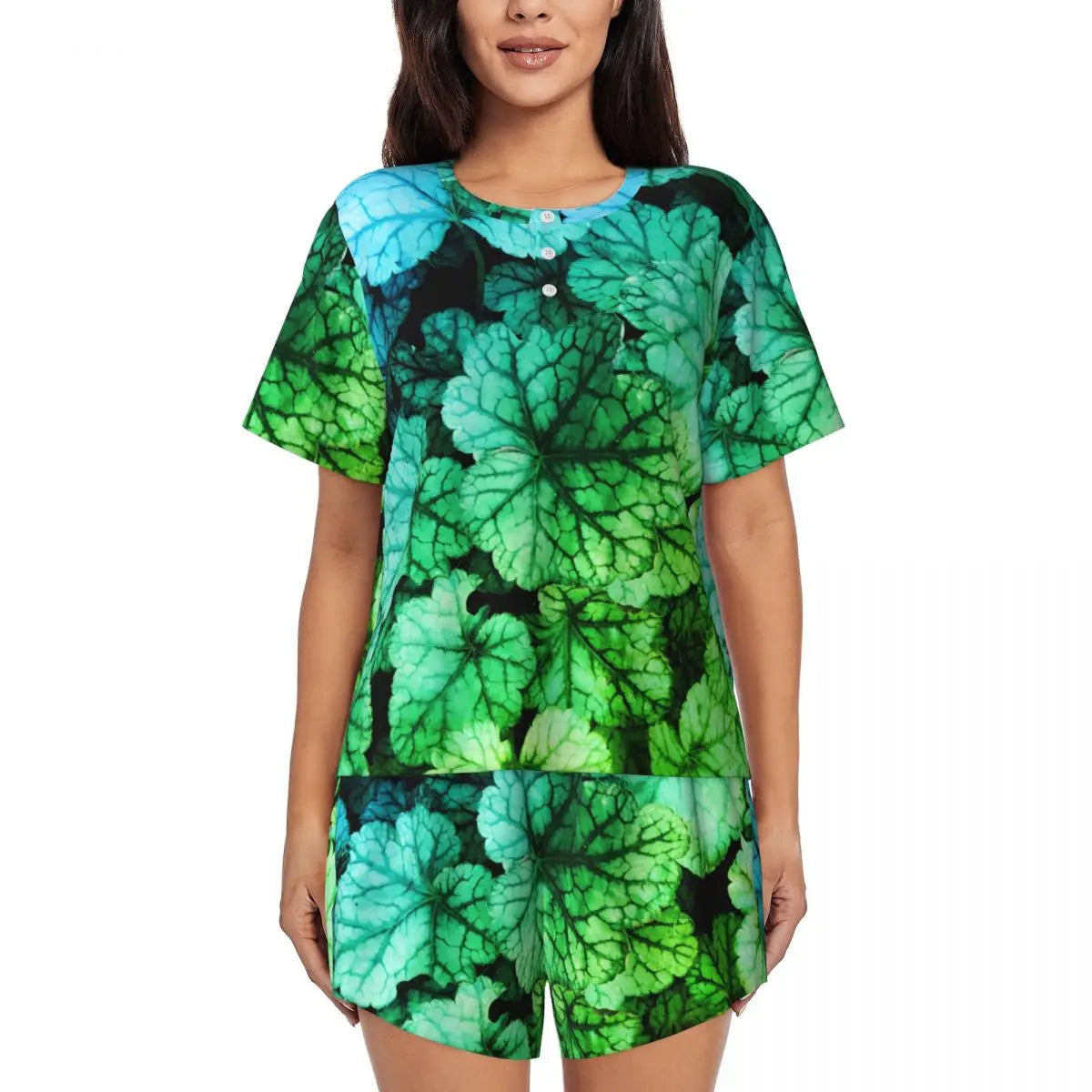 Green Leaf Print Pajamas Short Sleeve Lush Foliage 2 Pieces Leisure Pajama Sets Daily Woman O Neck Vintage Nightwear
