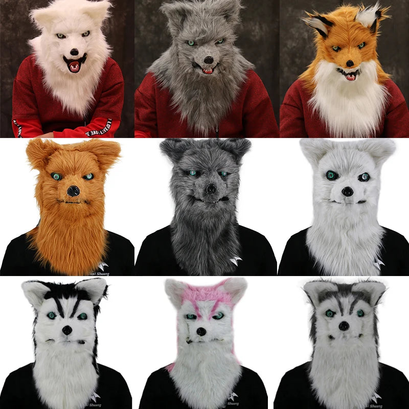 Movable Mouth Fox Mask Halloween Costume Cosplay Party Mouth Mover Wolf Masks Animal Panda Husky Orangutan Artificial Fur Mask
