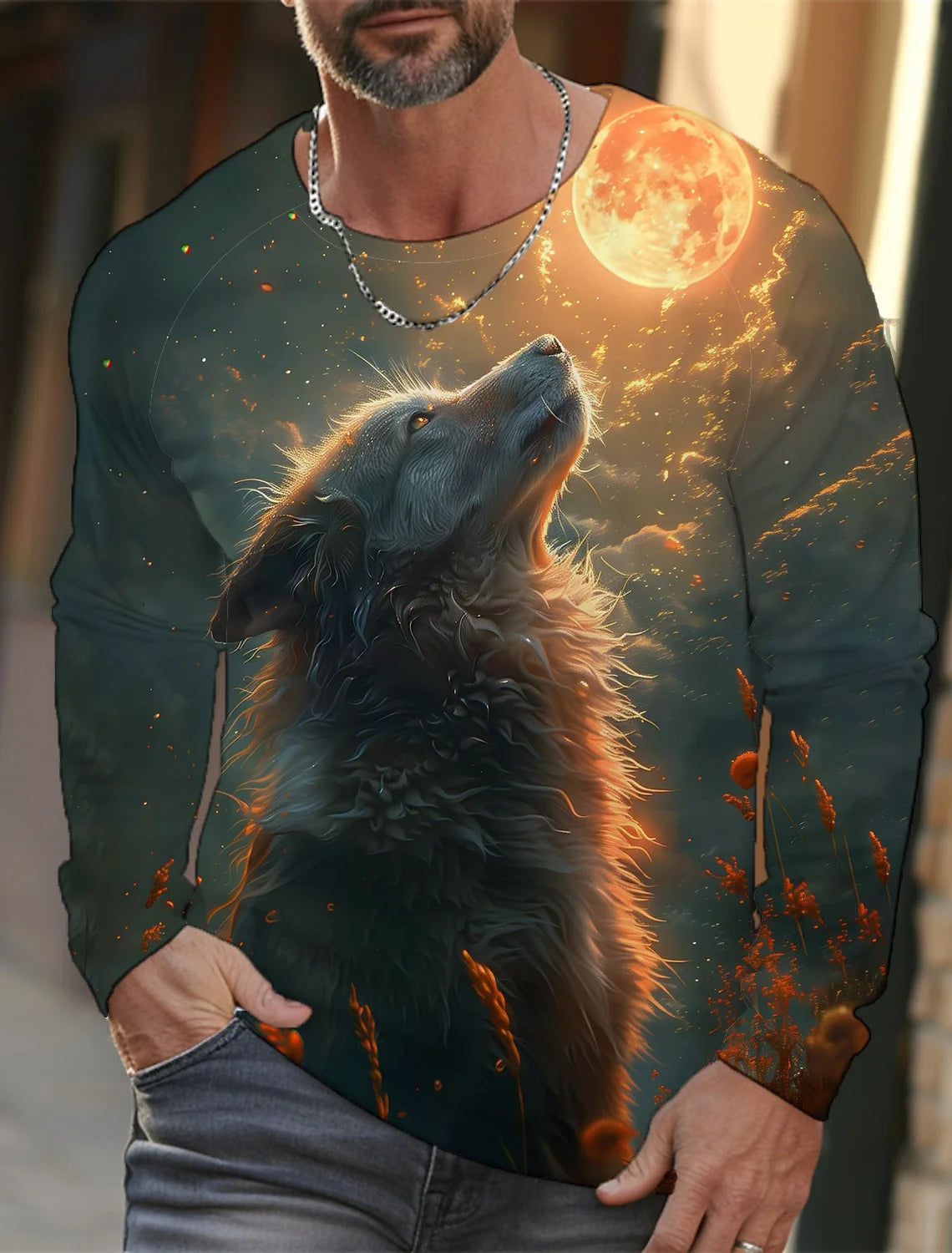 2024 Men's Summer Long Sleeve 3d Printed Wolf Print T-Shirt Tops Men Streetwear Clothing Round Neck Graphic Long Sleeve T-Shirt