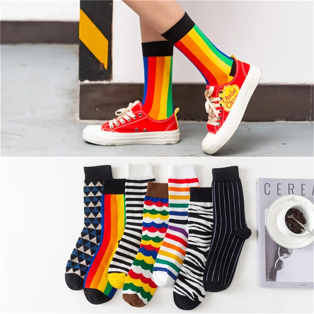 Colorful Stripes Art Socks For Men's Winter Fashion Rainbow Stripe Zebra Pattern Business Crew Unisex Dropship