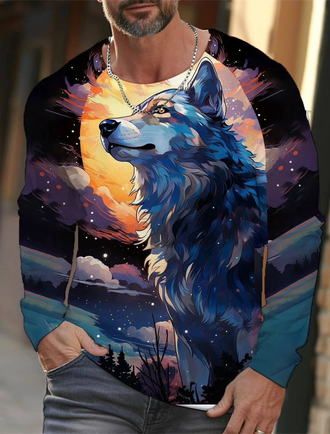 2024 new men's Ukiyoe long-sleeved T-shirt 3d printed high-definition wolf print men's autumn top casual round neck T-shirt