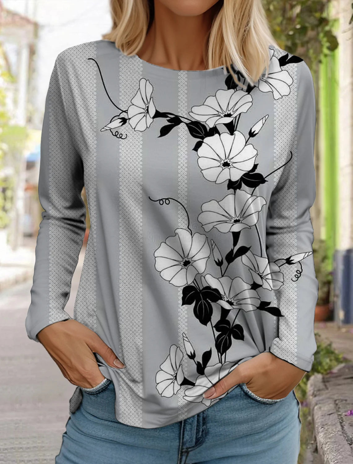 2024 women's fashion retro tops long sleeve round neck pullover casual long sleeve t-shirt new 3d printed lotus print t-shirt