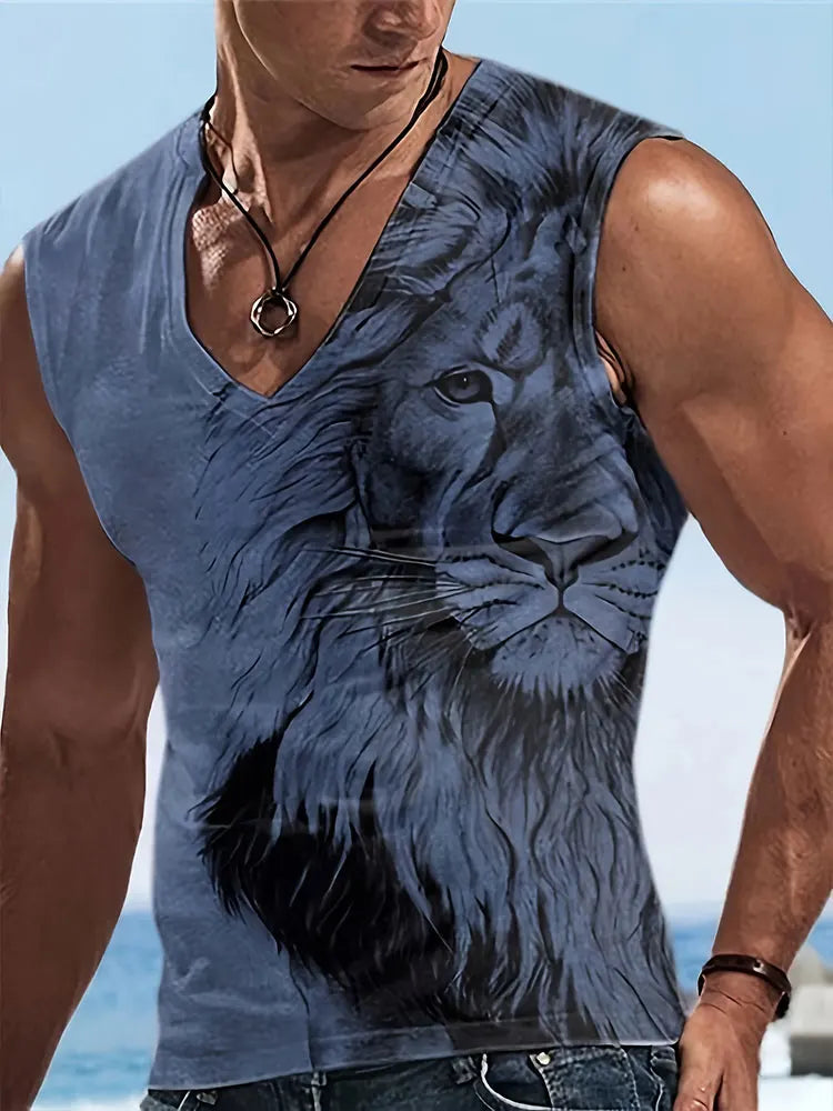 2024 New Summer Everyday Street Men's Tank Top Outdoor Beach Casual Men's Sleeveless T-shirt Eagle Print Men's V-neck Tank Top