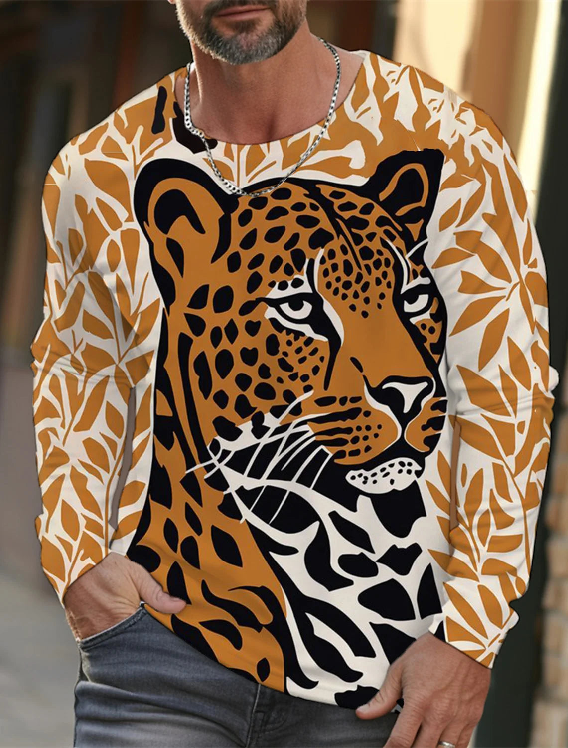 Men's long-sleeved T-shirt 3D printing HD leopard print men's long-sleeved T-shirt autumn tops casual round neck home clothes
