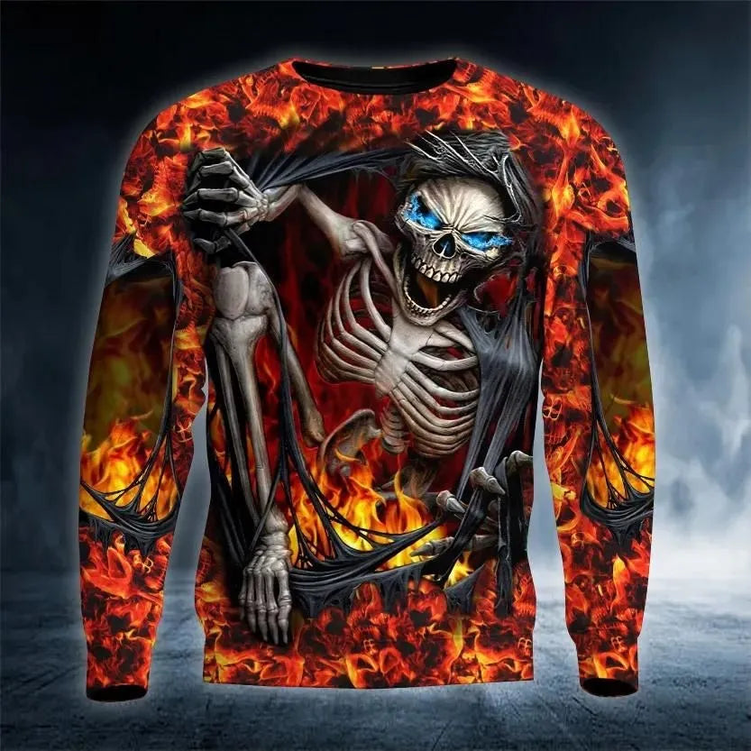 2023 New Men's Autumn Round Neck Long Sleeve T-shirt =Retro Skull 3D Pattern Print T Shirts Casual Fashion Tops Men Clothing