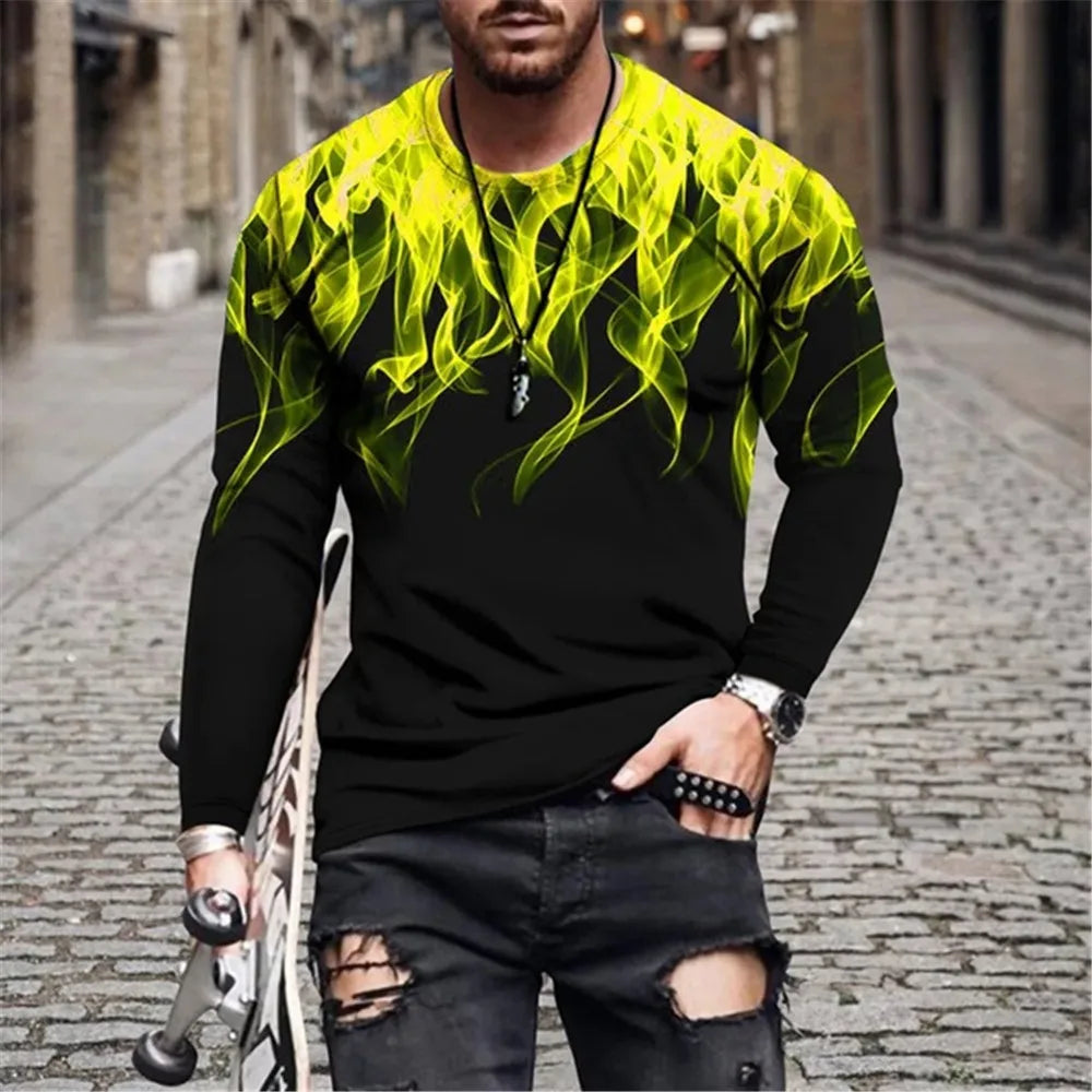 Retro Flame Series 3D Print Summer Men's O-Neck T-shirt Casual Long Sleeve T-Shirt Oversized Pullover Fashion Trend Men Clothing