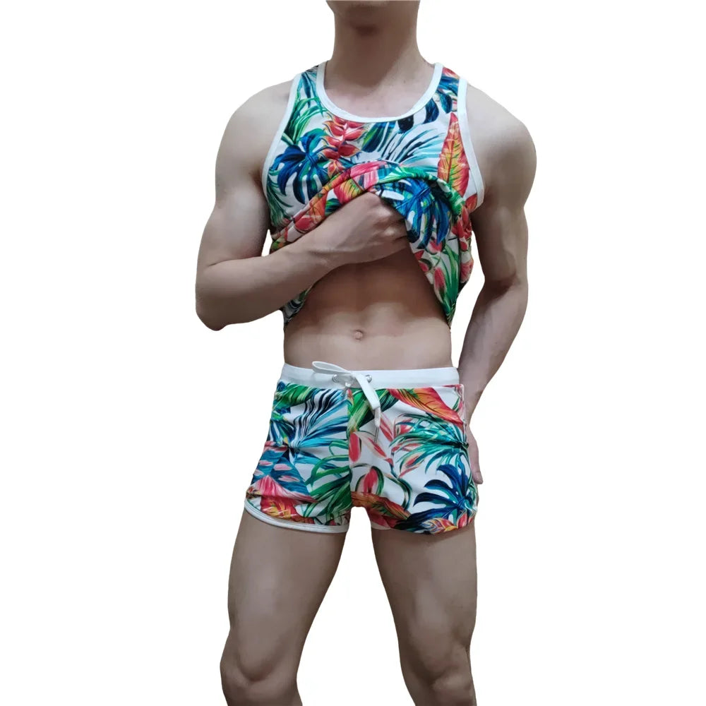 Sets Men's Tank Top Men's Sleeveless Top and Swimming Trunks Short Beach Pants Ice Silk Print Comfortable Fashion Outdoor Sports