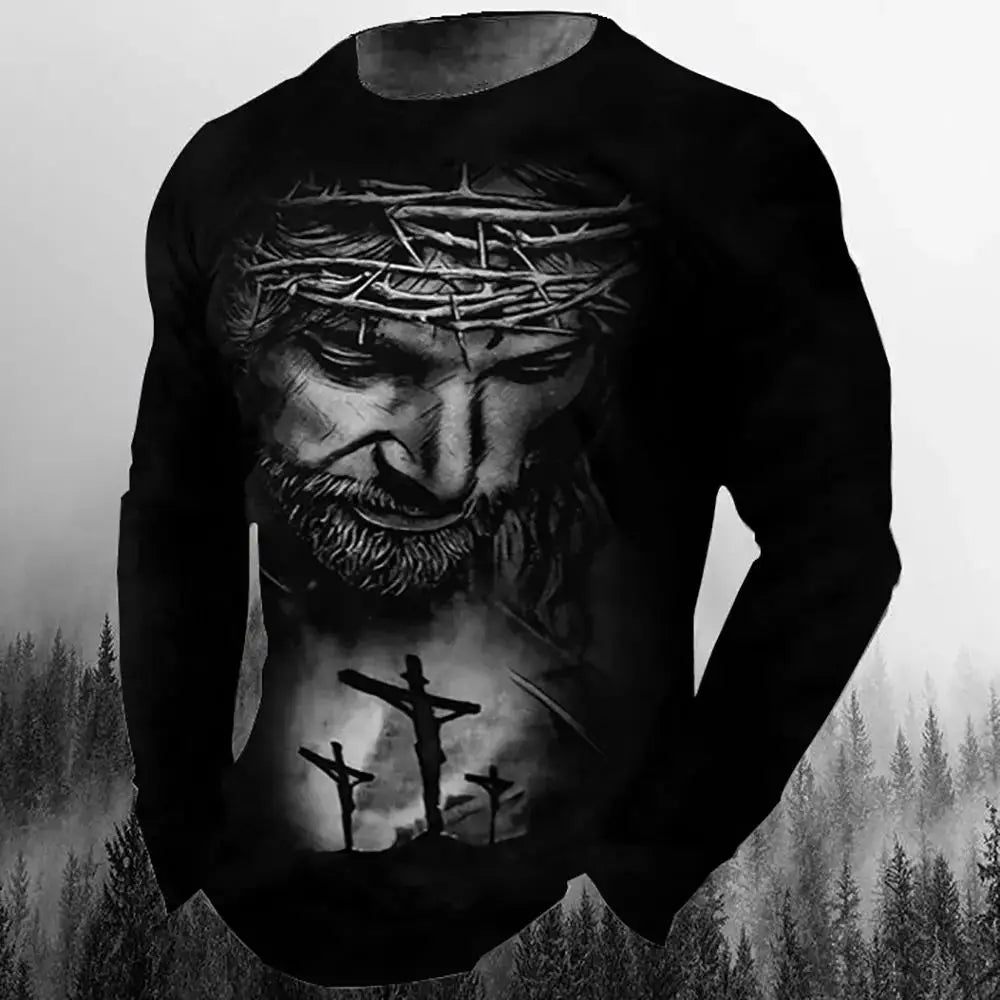 Fashion Casual Men's Long Sleeve T-Shirt 3d Printed Retro Jesus Christ Street Personality Loose O Collar Harajuku Oversized Top