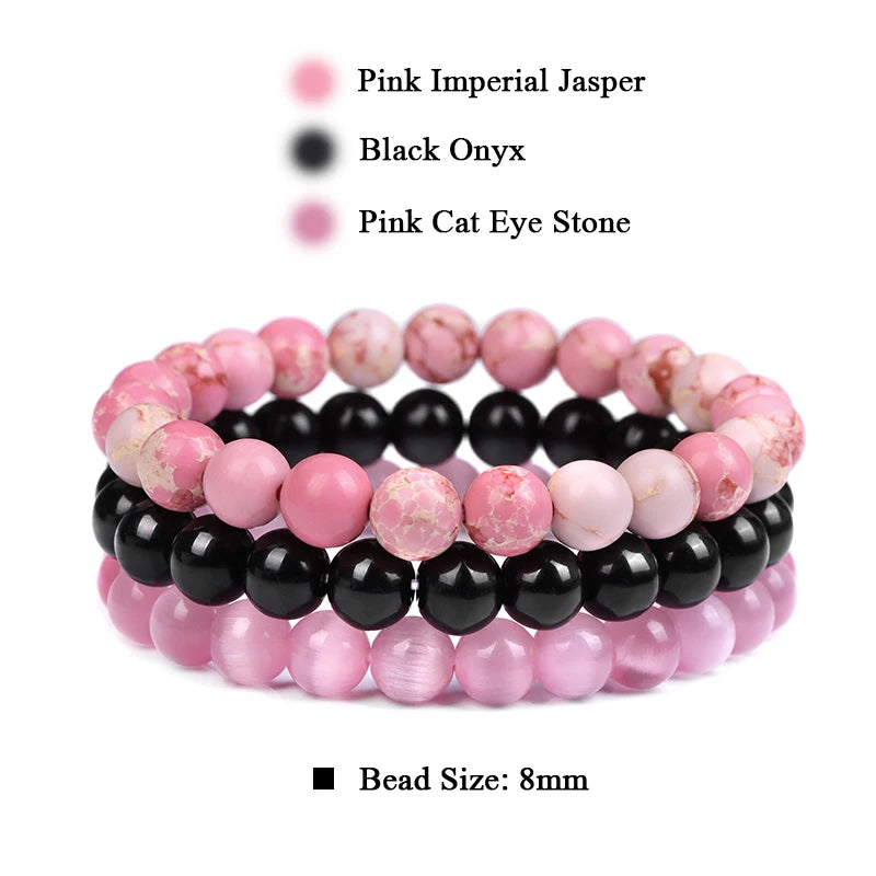 3Pcs/set 8mm Natural Stone Beads Bracelet Set Pink Zebra Rhodonite Moonstone Agates Hematite Bracelets For Women Men Jewelry