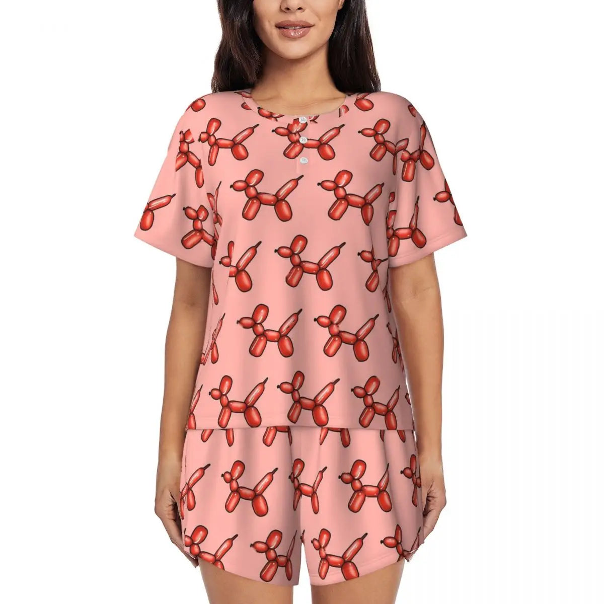 Red Balloon Dog Pajamas Short Sleeves Cartoon Animal 2 Pieces Room Pajama Sets Summer Women O Neck Lovely Nightwear