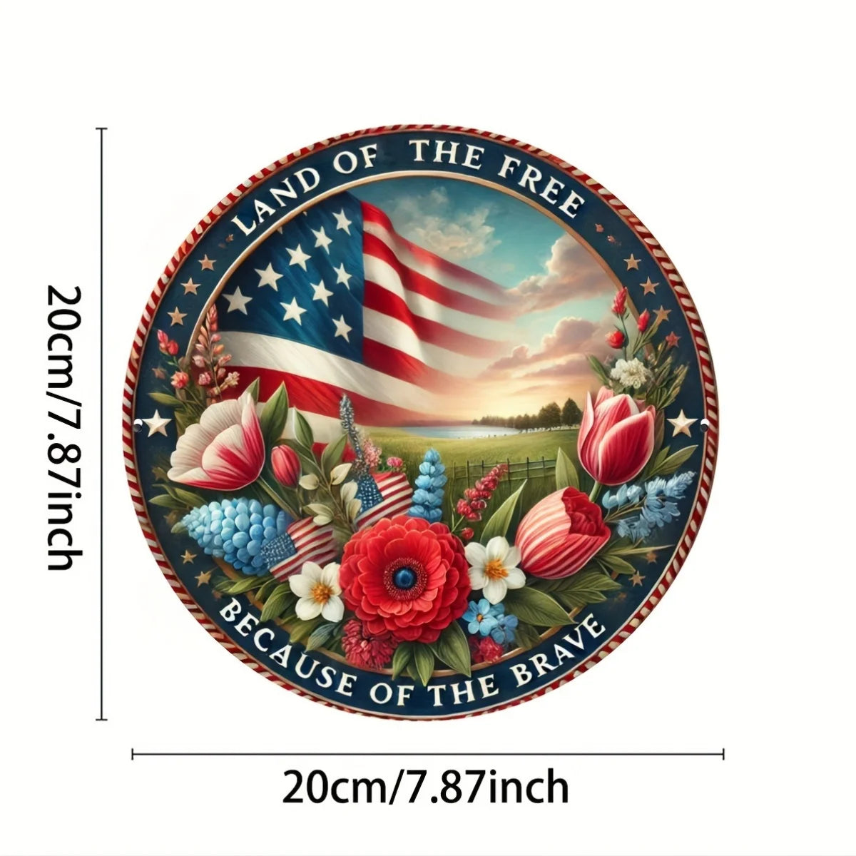 Patriotic Aluminum Foil Engraved Sign - Freedom Land Metal Wreath Door Decor, Round Plaque for Home Decor
