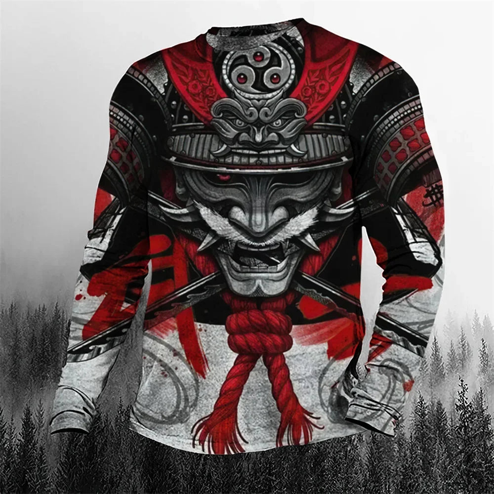2024 Fall Cool Vintage Samurai 3D Printed Men's T-shirt O-Neck Casual Men's Clothing Oversized Cartoon Long Sleeve Tops