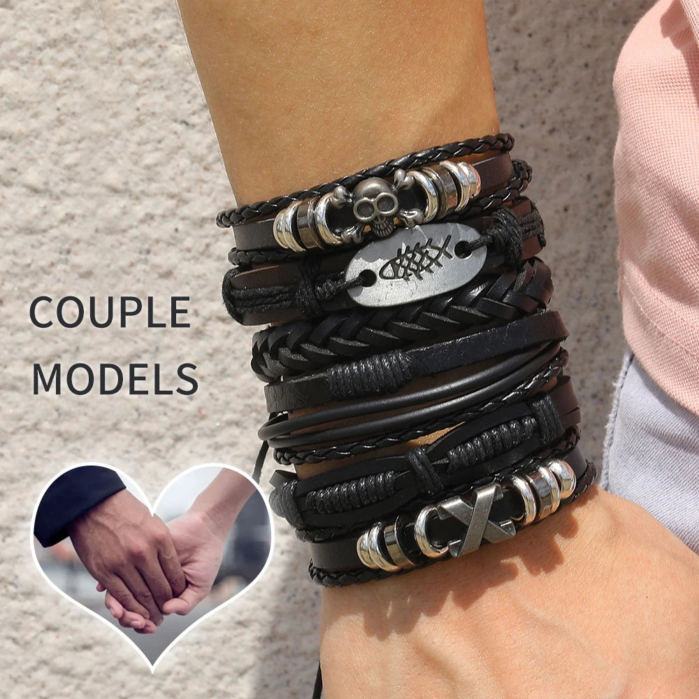 1 Fashion Bracelet Viking Bracelet For Men Hand Bracelets Woven Skull Hand Jewelry Adjustable Leather Set Bracelet For Leather